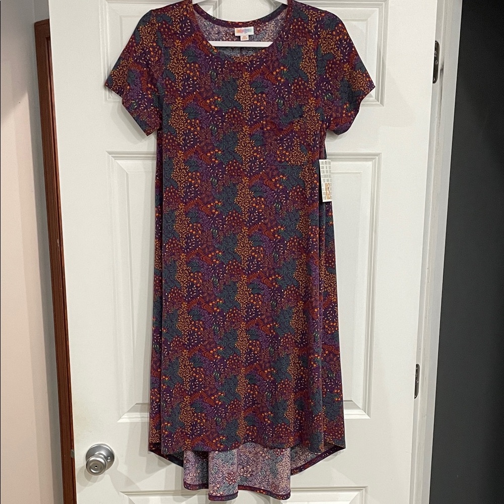LuLaRoe Women's Carly Dress with Purple, Orange, and Green Pattern